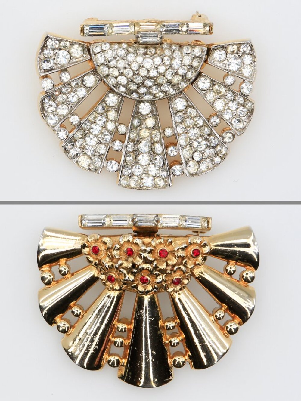 Vintage Art Deco Reversible‎ Day Night Brooch Crystal & Red Rhinestone Fan 1940s